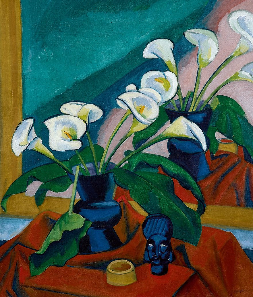 Max Pechstein. Stilleven met bloemen en masker van Nieuw-Ierland, 1917, olieverf op doek © 2025 Pechstein - Hamburg / Berlin Foto © Foto-Atelier LORENZ, Zschorlau; KUNSTSAMMLUNGEN ZWICKAU Max-Pechstein-Museum 15. Stil life with flowers, 1917 Max Pechstein.jpg